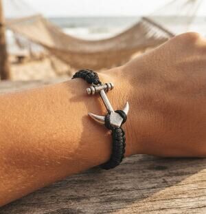 String bracelet nautical silver anchor adjustable Black with silver beads BOHO